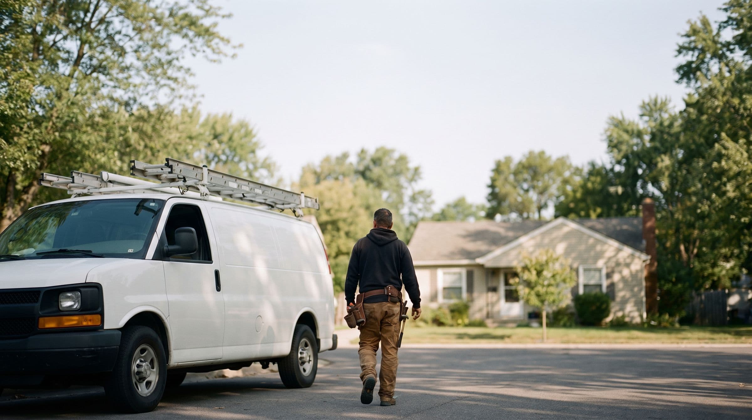 A tradesman walking from his work van toward a house on a quiet tree-lined street